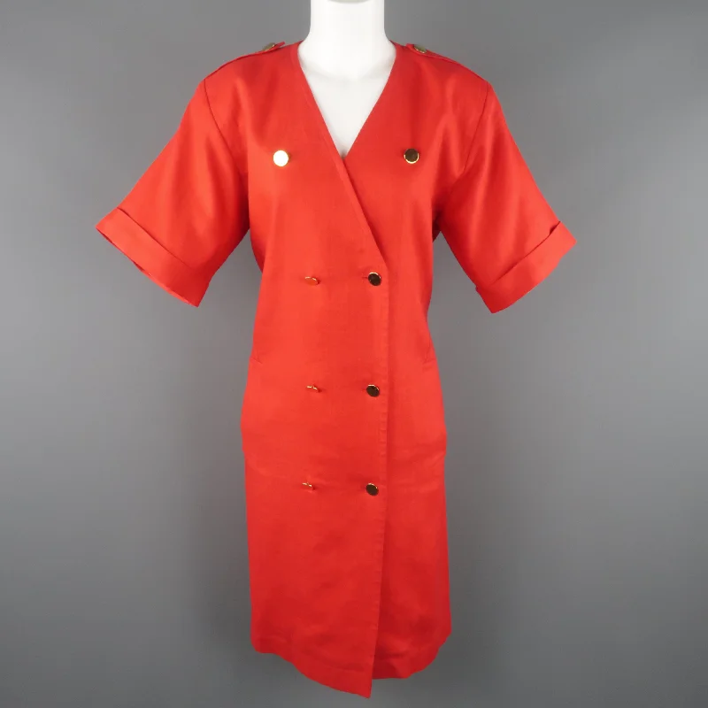 Vintage YVES SAINT LAURENT Size 14 Red Linen Double Breasted  Dress