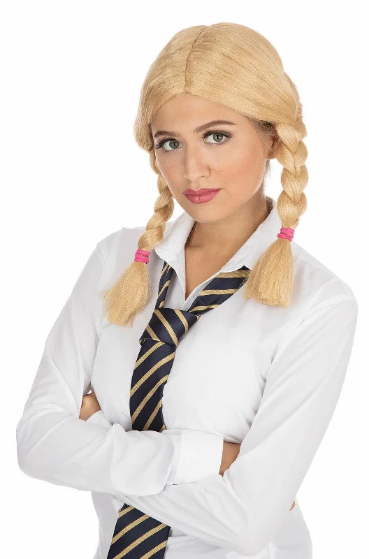 Ladies School Girl Wig Blonde Plaits Halloween Horror Fancy Dress Accessory