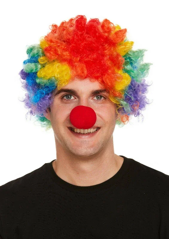 Adult Rainbow Clown Afro Wig with Red Foam Nose Halloween Fancy Dress Set