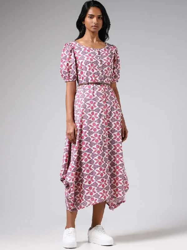 Utsa Pink Printed Cotton Button-Down Dress with Belt