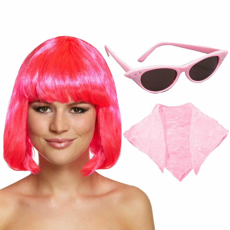 Pink Mid Wig Sunglasses Scarf 50’s Style Poodle Costume Hen Night Fancy Dress