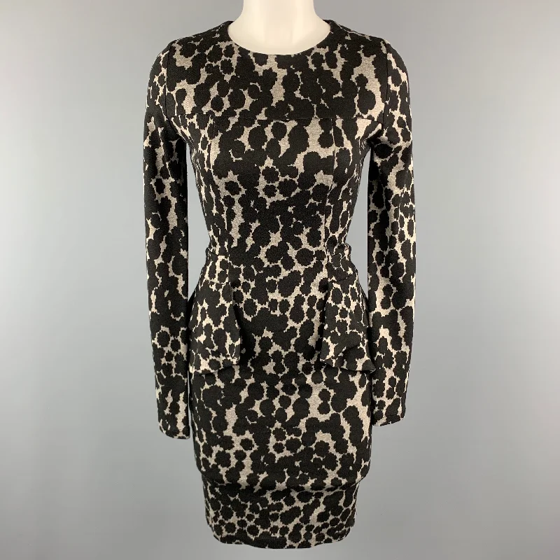 ISABEL DE PEDRO Size 4 Black & Grey Viscose Blend Spotted Peplum Long Sleeves  Dress