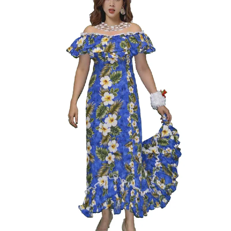 Yellow Hibiscus Traditional Muumuu Blue Dress
