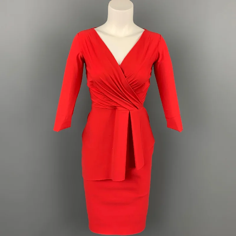 CHIARA BONI Size 4 Red Polyamide Peplum V-Neck Cocktail Dress