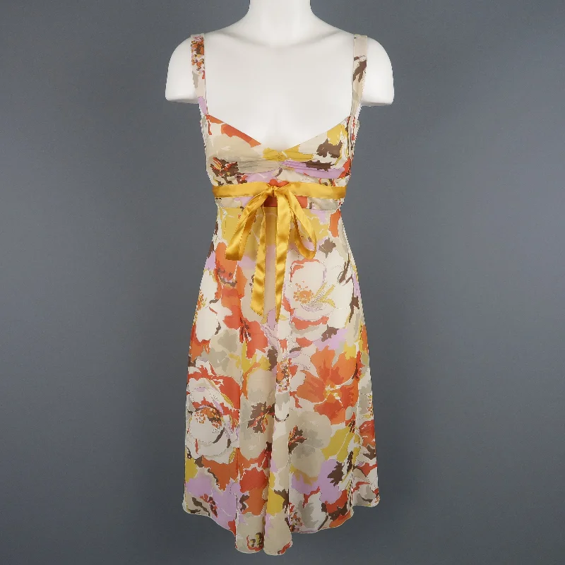 VALENTINO Size M Orange Floral Print Silk Babydoll Dress