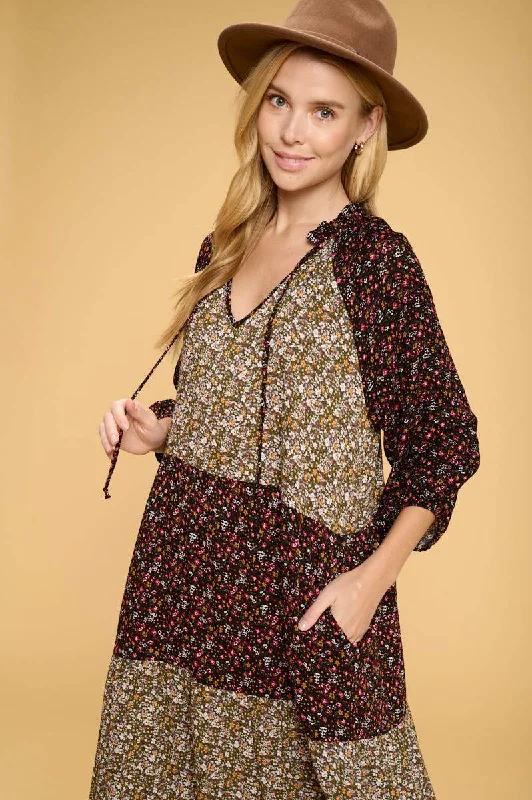 Ditsy Floral Maxi Tier Dress with Tie Collar