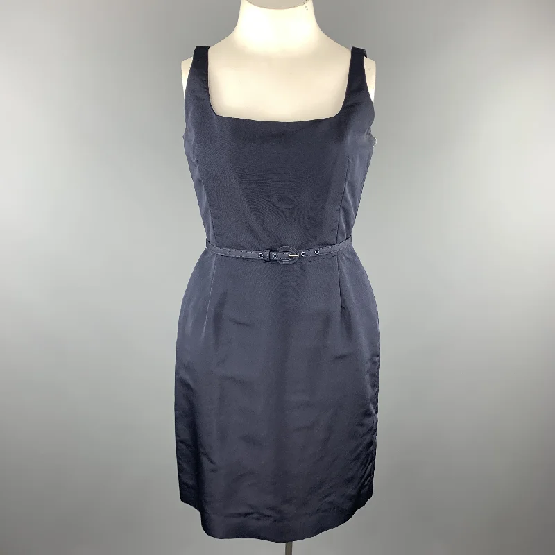 OSCAR DE LA RENTA Size 12 Navy Silk Sleeveless Sheath Cocktail Dress