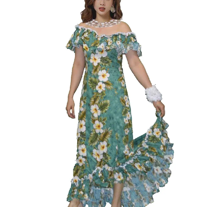 Yellow Hibiscus Traditional Muumuu Green Dress