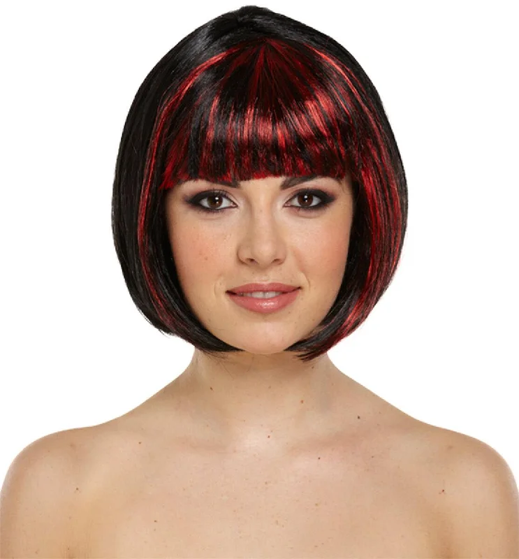 HALLOWEEN LADIES GIRLS BLACK RED SHORT BOB WIG HAIR FANCY DRESS OUTFIT ACCESSORY
