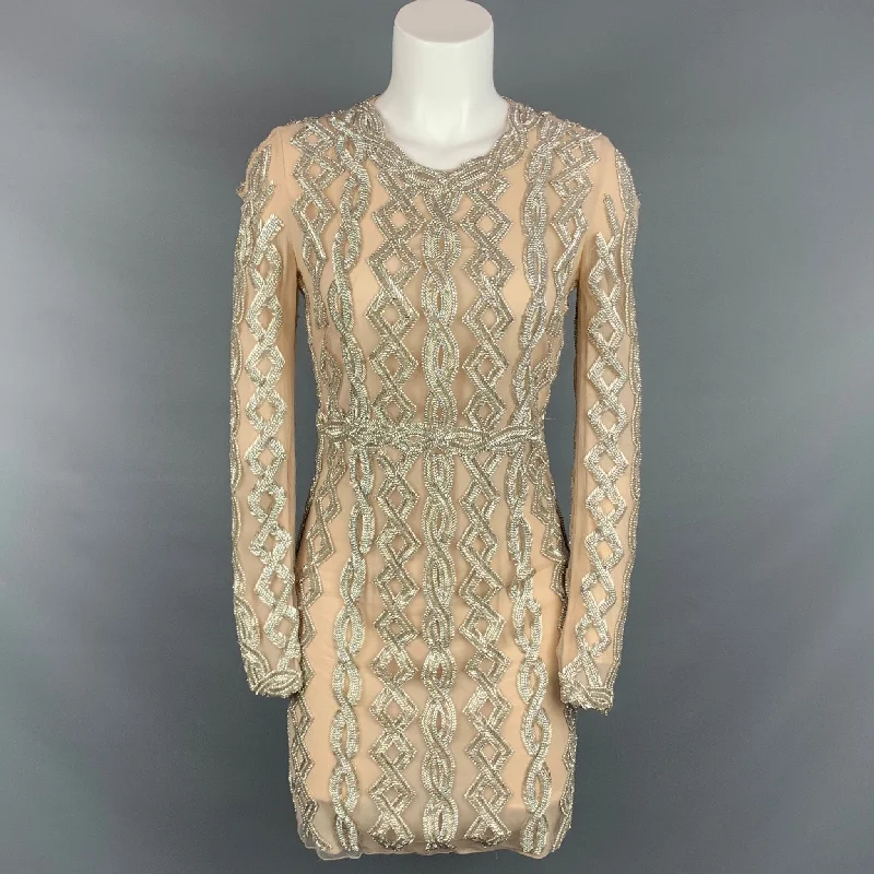 BLUMARINE Size M Nude Art deco Beaded Long Sleeve Cocktail Dress