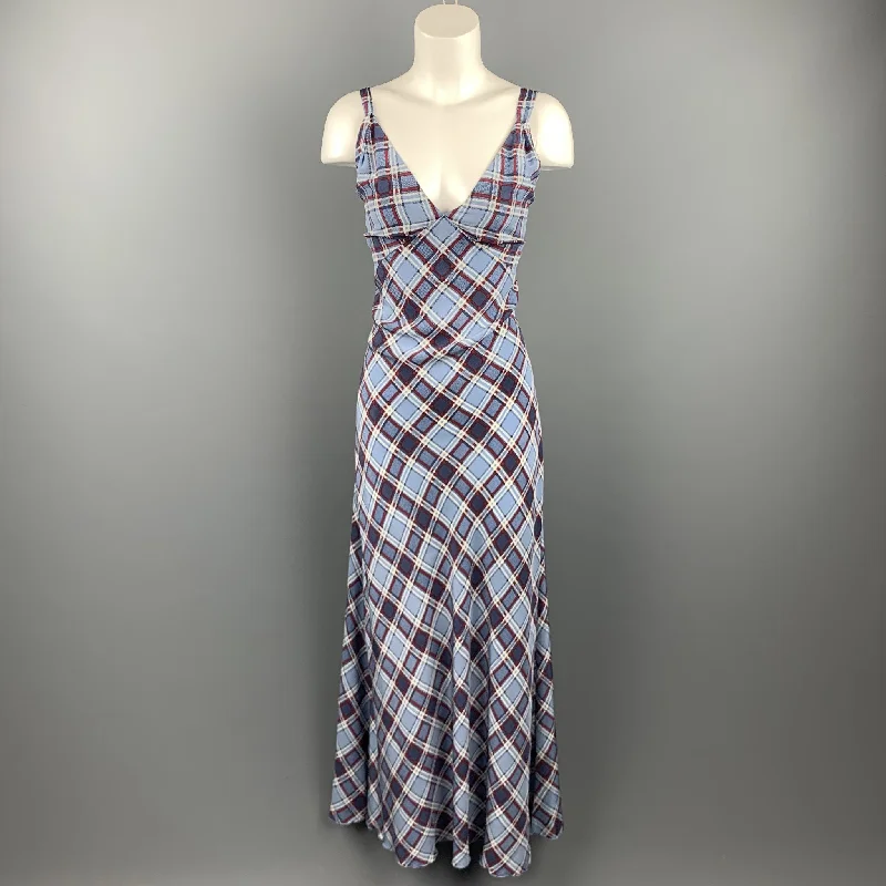 MARC JACOBS Size 8 Blue Plaid Silk Long Maxi Double Strap Dress