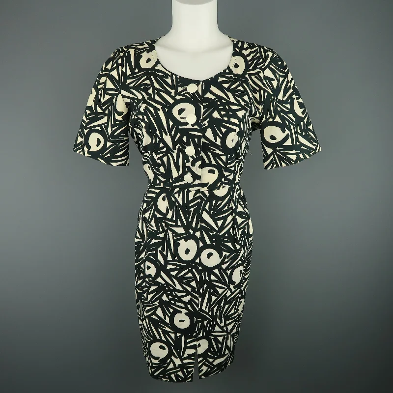Vintage GUY LAROCHE Size 4 Black & White Printed Cotton Puff Sleeve Dress
