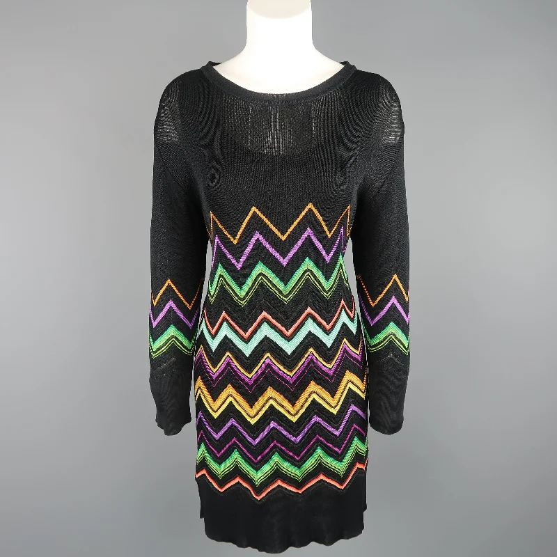 MISSONI Size L Black Multi-Color Chevron Silk Knit Long Sleeve Scoop Neck Dress
