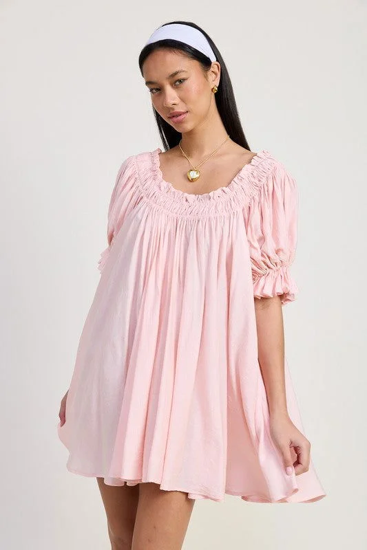 Mini Embroidery Short Puff Sleeve Dress