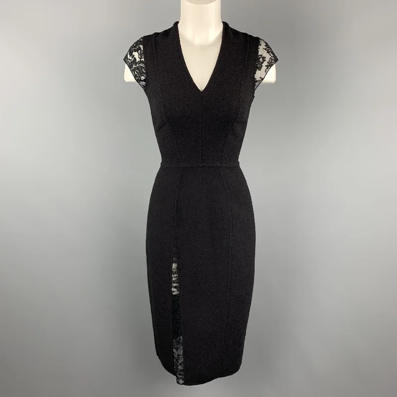 REEM ACRA Size 4 Black Wool Lace Panel Sheath Dress