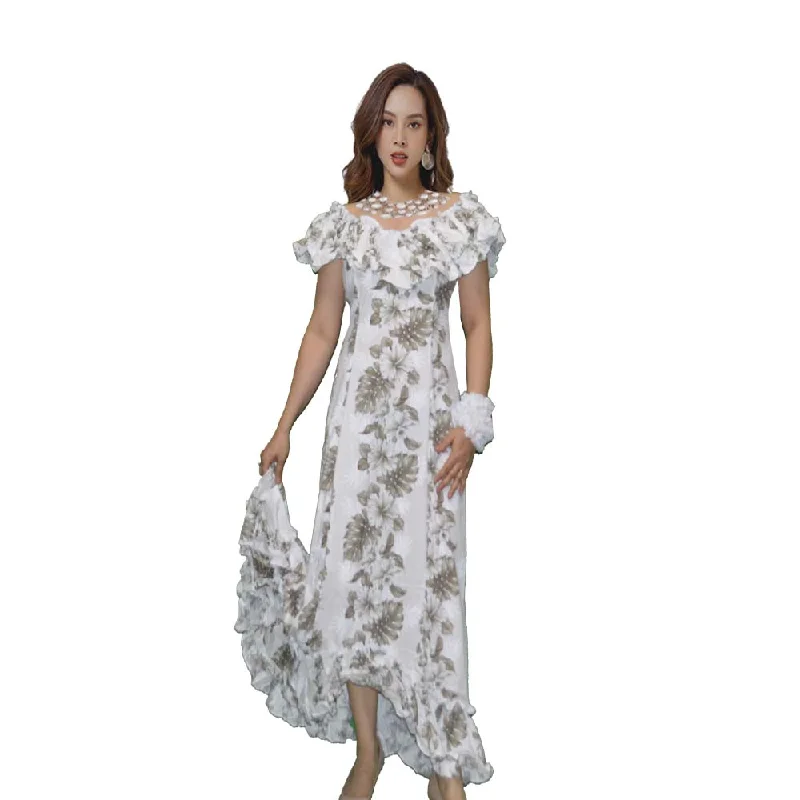 White Hibiscus Panel Long Ruffle Muumuu Dance Dress