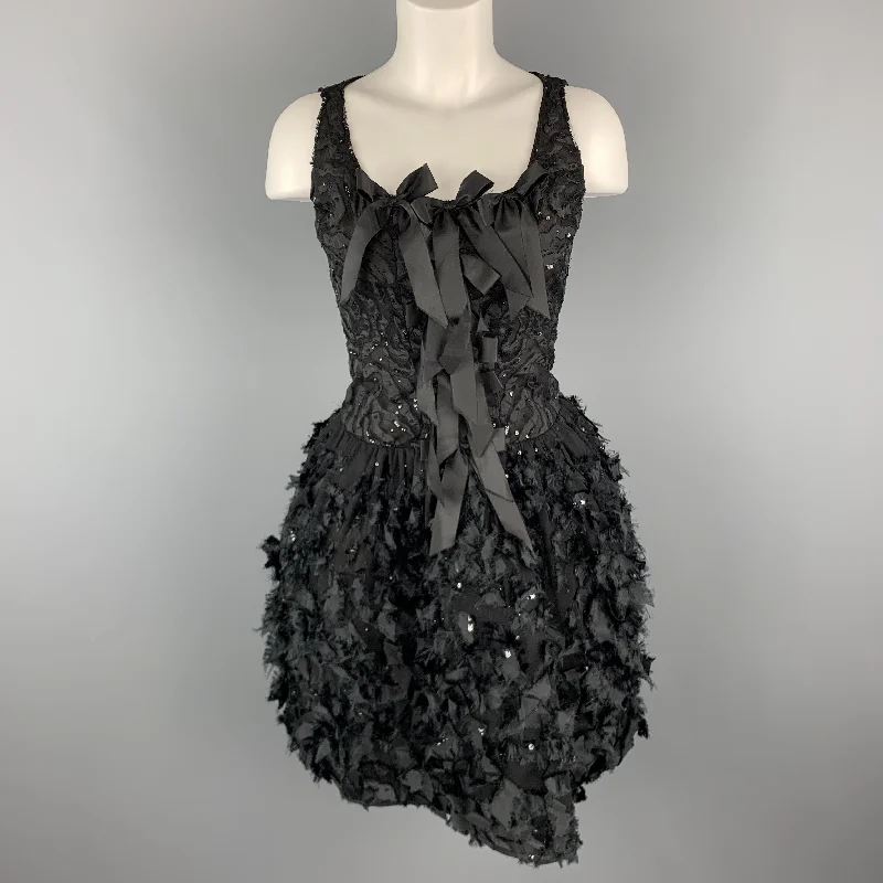 OSCAR DE LA RENTA 6 Black Sequin Mesh Silk Bows Buubble Skirt Cocktail Dress