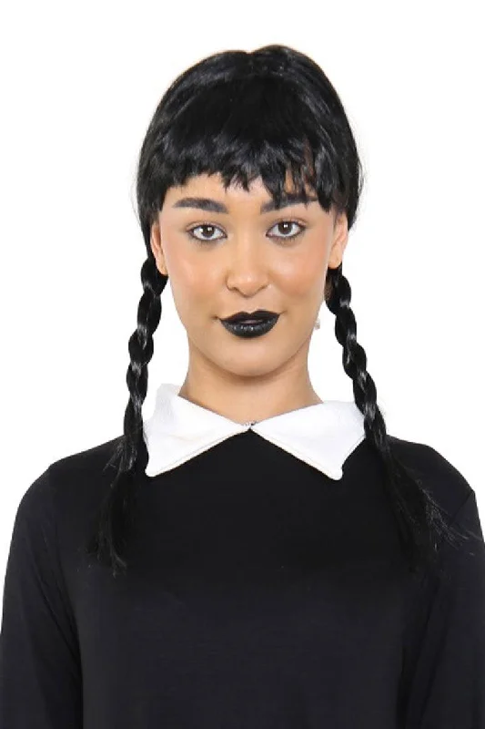 Spooky Gothic Family Long Black Hair Wig Halloween School Girl Fancy Dress Costume Accessory