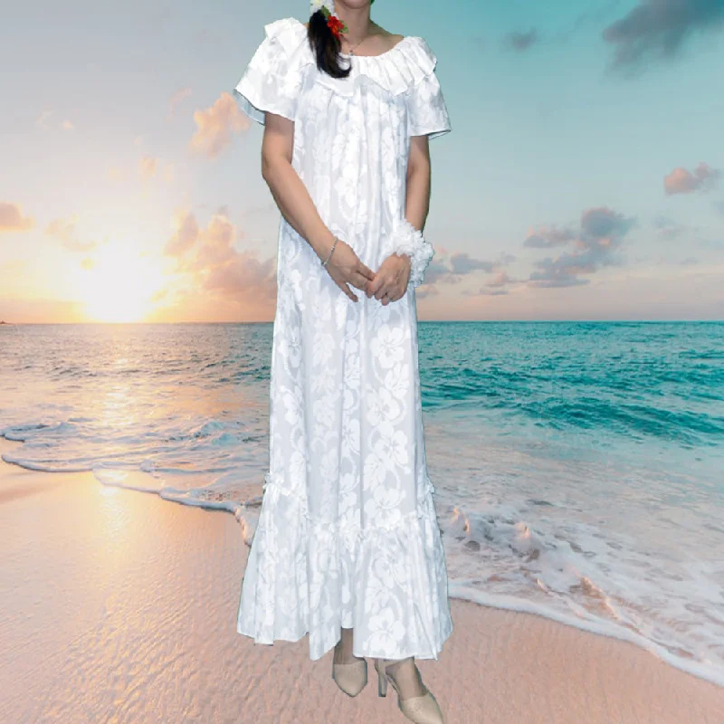 White Hibiscus Panel Long Muumuu Dress Made In Hawaii USA