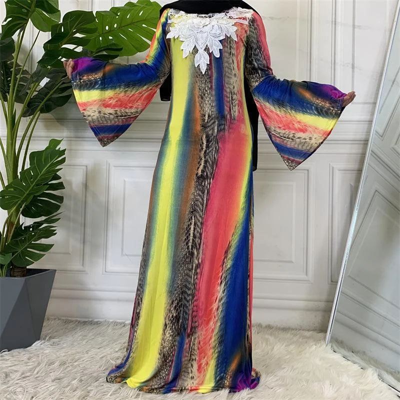 5072#Summer Colorful Printed Dress Long Sleeve Flare Cuff