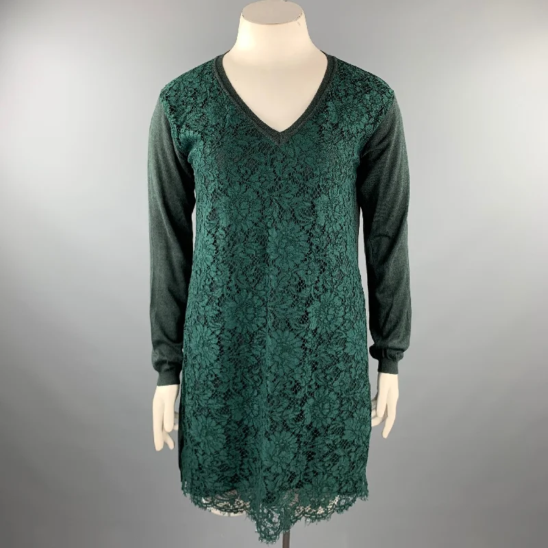 VALENTINO Size L Dark Green Lace Wool Blend Tunic Dress