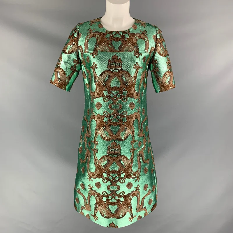 ISSA Size 8 Green Brown &  Green  Polyester Blend Tapestry Below Knee Cocktail Dress