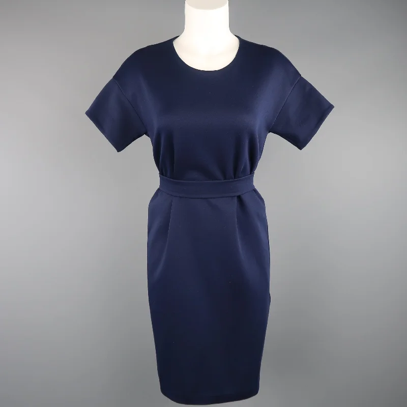 JIL SANDER Size M Navy Cotton / Polyester Jersey Short Sleeve Belted Shift Dress