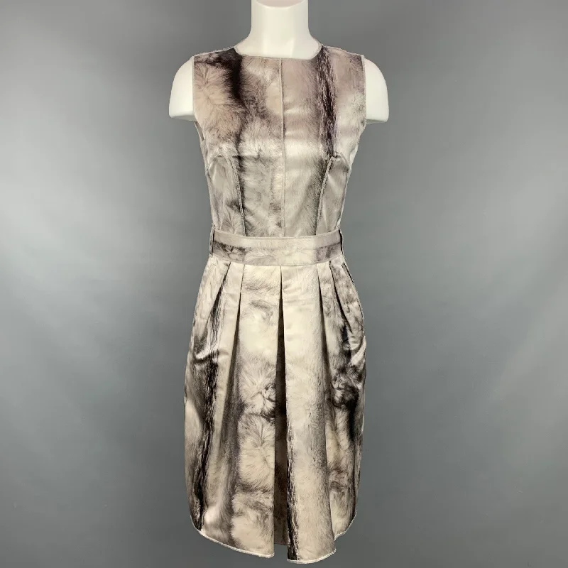 DOLCE & GABBANA Size 4 Cream & Grey Fur Print Silk Cocktail Dress