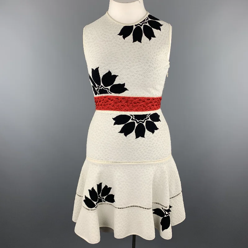 ALEXANDER MCQUEEN Size L White & Black Floral Ruffle Skirt Cocktail Dress