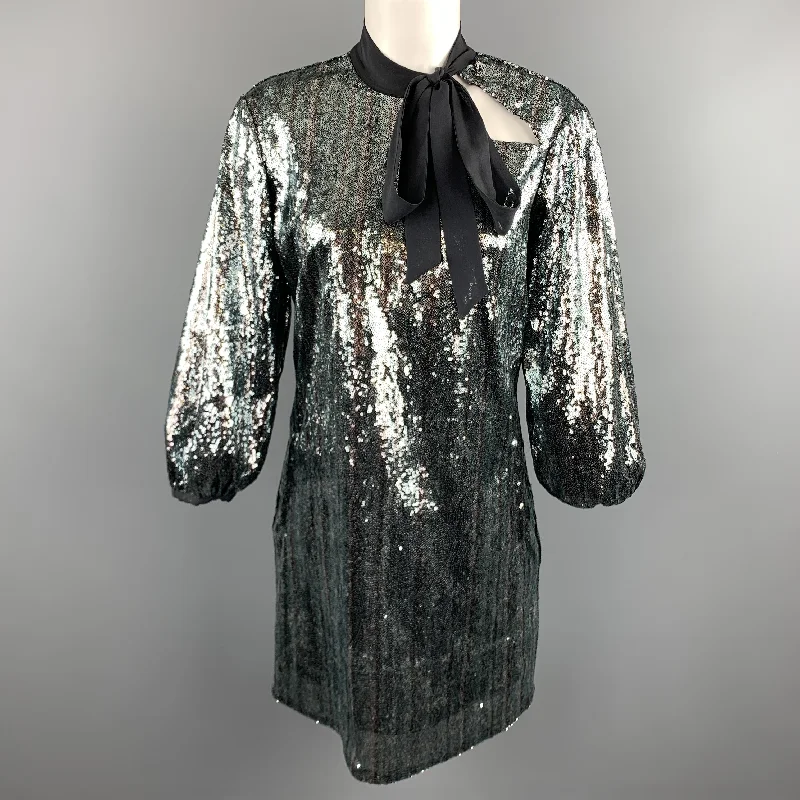 C'N'C by CoSTUME NATIONAL Size 6 Blue & Silver Sequin Black Bow Collar Dress