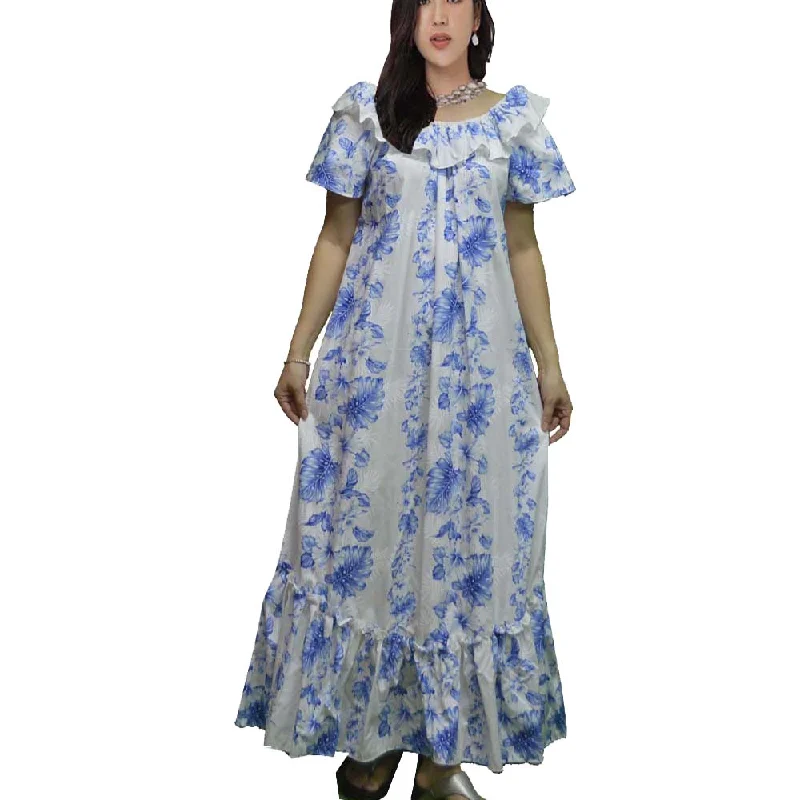 White Hibiscus Panel Long MuuMuu Dress Made In Hawaii- USA