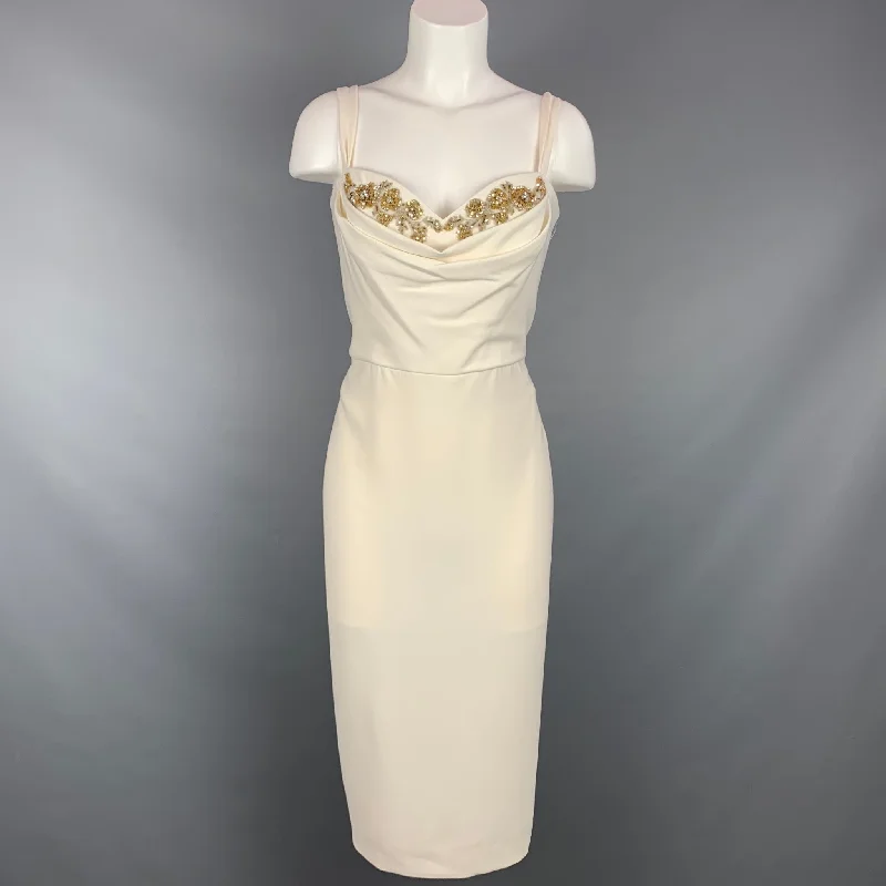 MARCHESA NOTTE Size 12 Cream Polyester / Viscose Embellishment Cocktail Dress