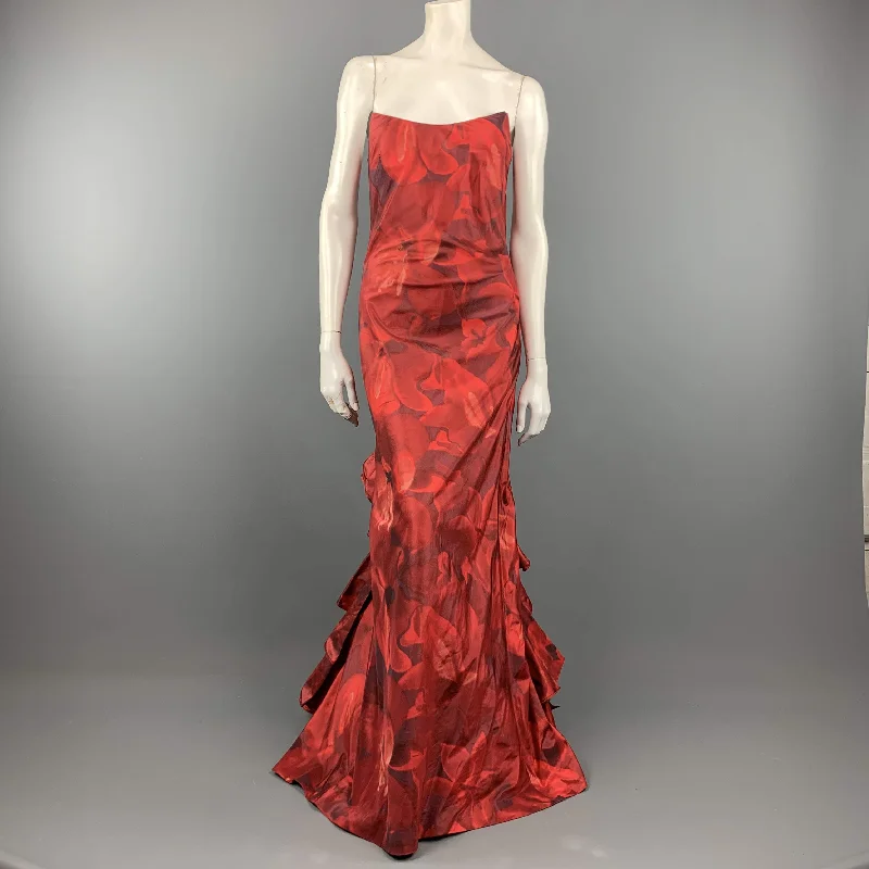 OSCAR DE LA RENTA Fall 2006 - US 8 Red Floral Silk Ruffle Back Gown Dress