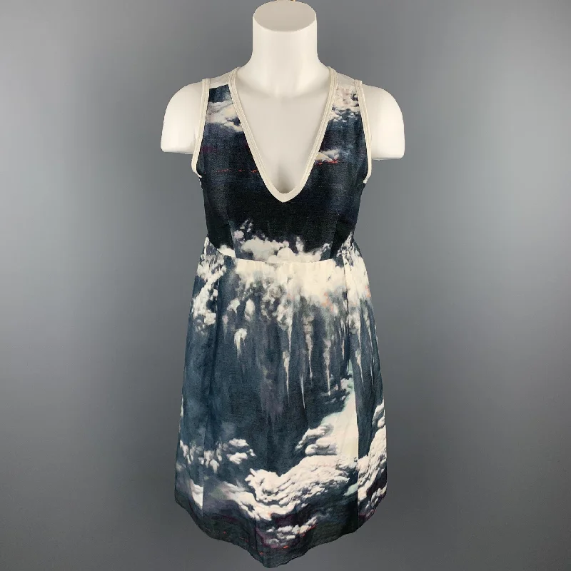CARVEN Size XS Navy & White Linen / Silk Sleeveless Cocktail Dress