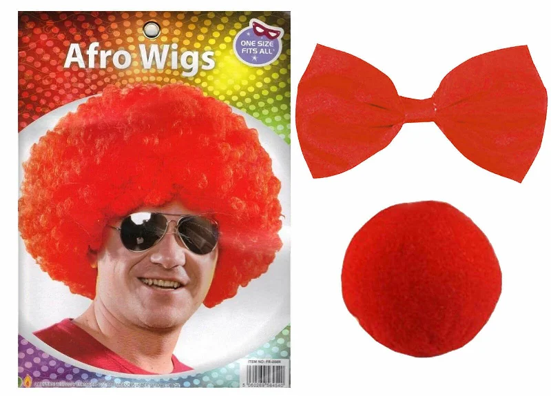 Comic Relief's Red Nose Day Afro Wig Bow Tie Sponge Clown Nose Fancy Dress Set