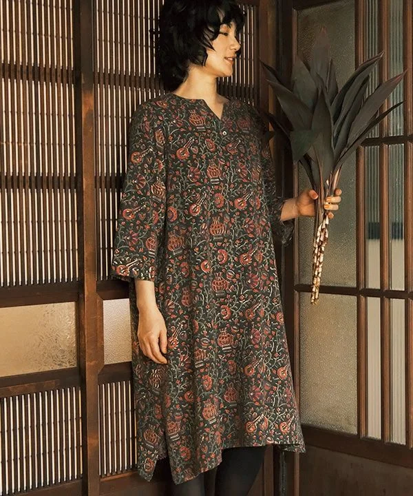 Cotton linen sitar and tabla block print dress 24W412