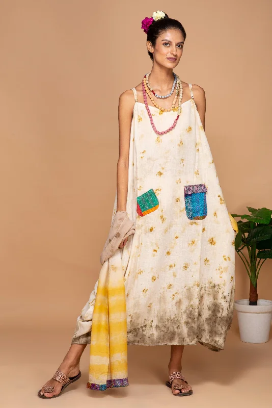 Bageeya “Sunflower” Natural Dyed Khadi Organic Cotton Strap Dress| Crafted with Sacred Temple Hibiscus and Marigold Bageeya “Sunflower” Natural Dyed Khadi Organic Cotton Strap Dress| Crafted with Sacred Temple Hibiscus and Marigold