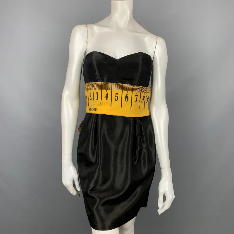 MOSCHINO COUTURE Pre-Fall 15 Size 6 Black & Yellow Rayon Blend Tape Measure Bow Cocktail Dress