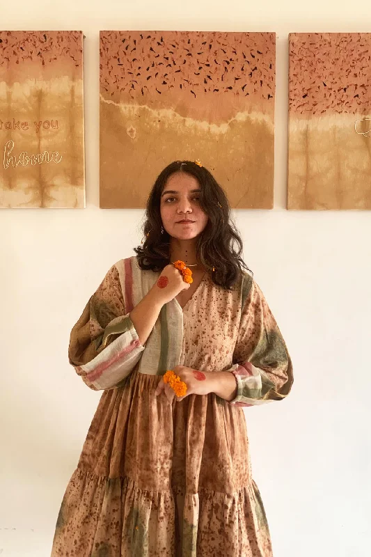 Bageeya “Tingle” Natural Dyed Khadi Organic Cotton Tiered Dress | Crafted with Walnut, Harda and Manjishta and detailed with Gold zari Bageeya “Tingle” Natural Dyed Khadi Organic Cotton Tiered Dress | Crafted with Walnut, Harda and Manjishta and detailed with Gold zari