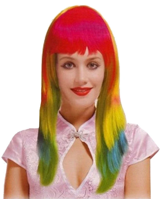 Ladies Rainbow Neon Fringe Layered Wig Straight Hair Womens Fancy Dress Wig