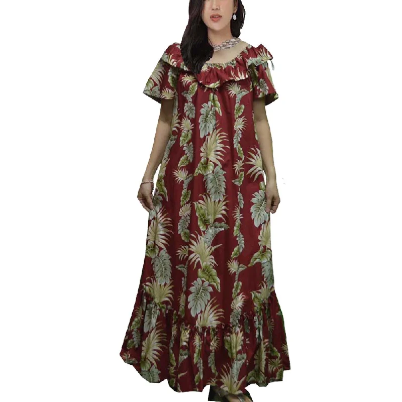 Hawaii Leaf Long Red Muumuu Dress Made In Hawaii USA