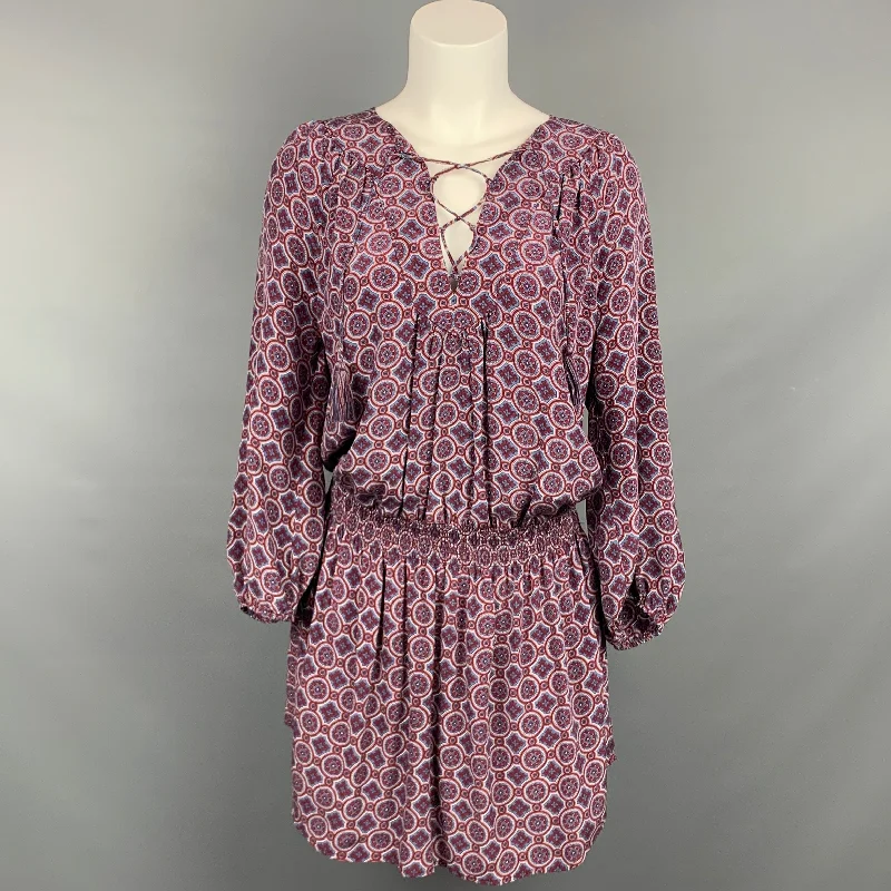 JOIE Size S Burgundy & Blue Print Silk Mini Elastic Waist Dress