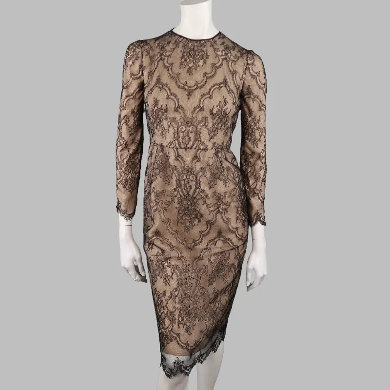 DENNIS BASSO Size 4 Beige Black Lace Overlay Long Sleeve Cocktail Dress