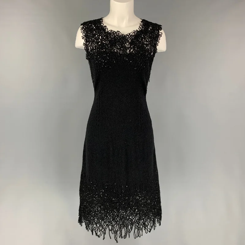 OSCAR DE LA RENTA 2012 Size M Black Virgin Wool Blend Sequined Cocktail Dress