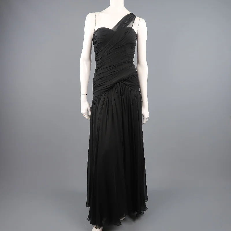 ADELE SIMPSON Size 8 Black Pleated Silk One Shoulder Sweetheart Cocktail Dress