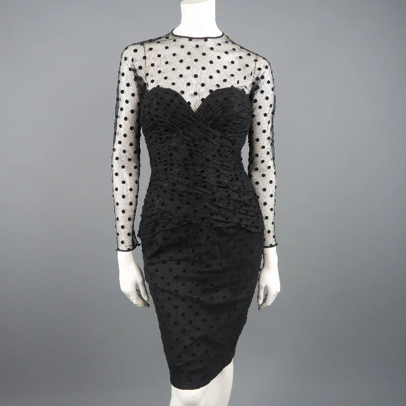 VICKY TIEL COUTURE Size M Black Polka Dot Pleated Silk Tulle Cocktail Dress
