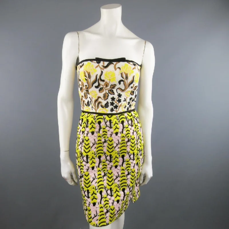GIAMBATTISTA VALLI US 2 / IT 38 Yellow Pink & Beige Linen & Lace Cocktail Dress