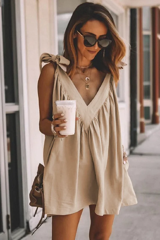 Deep V Neck baby doll dress - latte