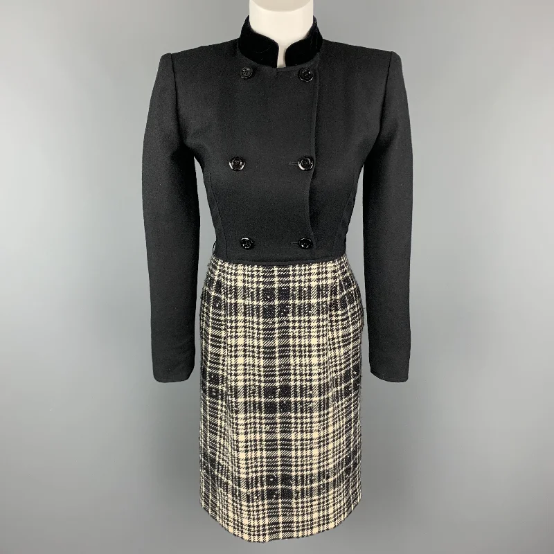 VALENTINO Size 4 Black Velvet Collar Plaid Skirt Vintage Dress