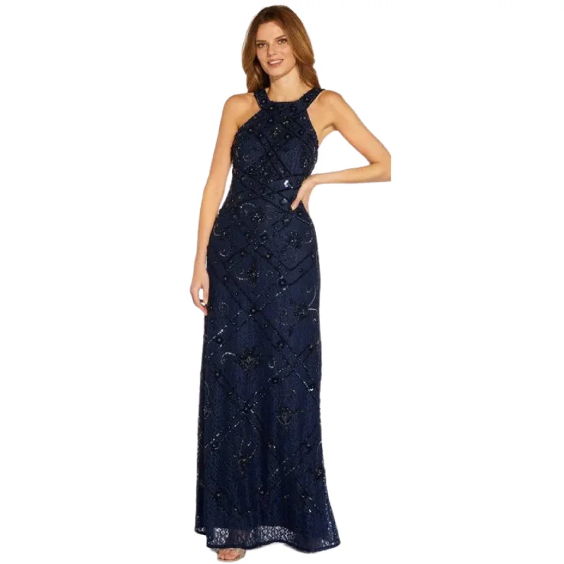 ADRIANNA PAPELL - Beaded Halter Evening Dress